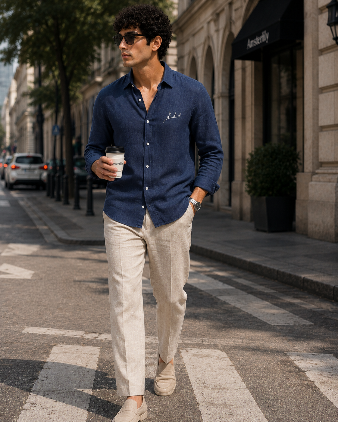 AmsterLily Men’s Midnight Navy Blue Linen Shirt with Musical Notes Embroidery
