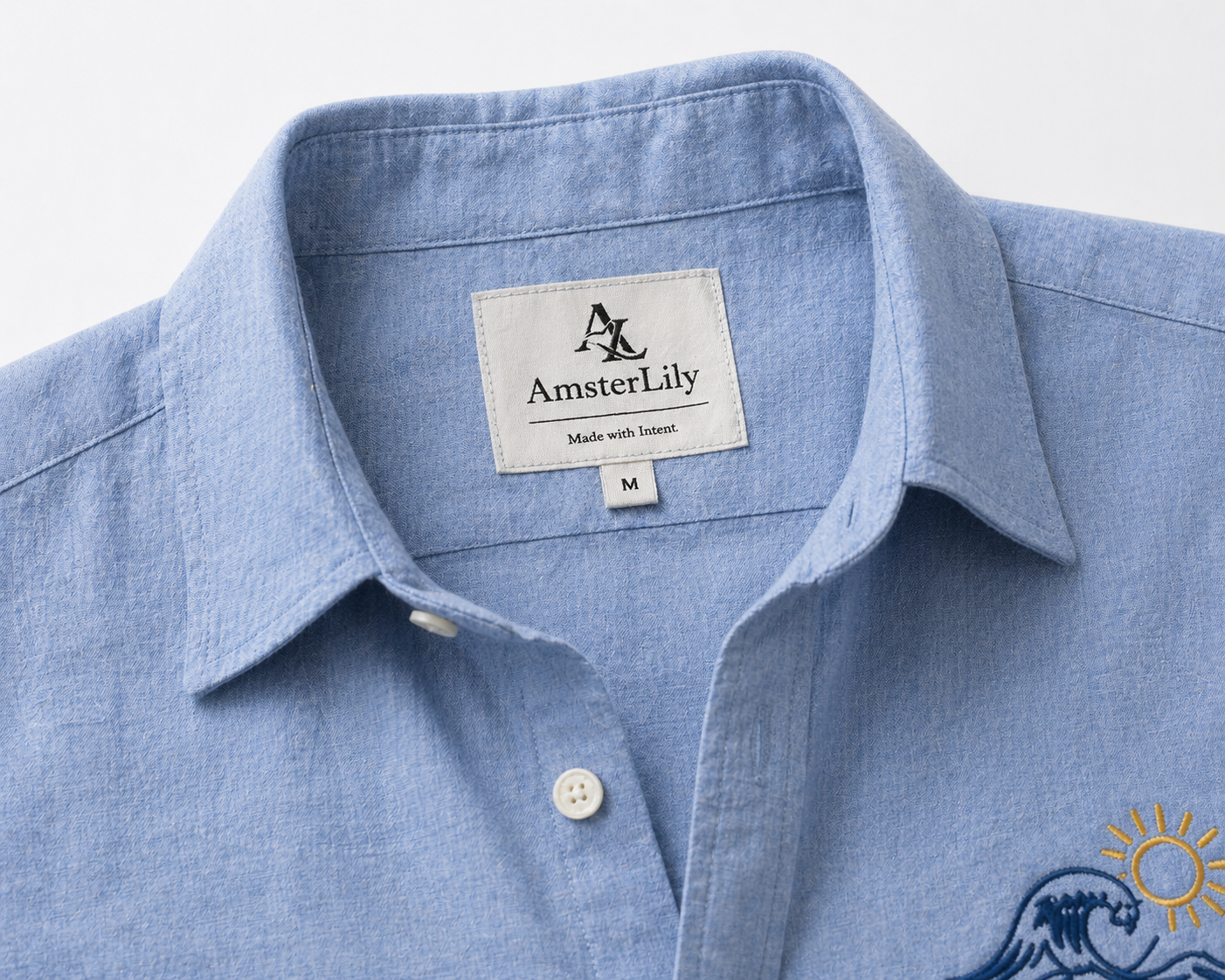 AmsterLily Men’s Linen Shirt with Wave & Sun Embroidery – Regular Fit