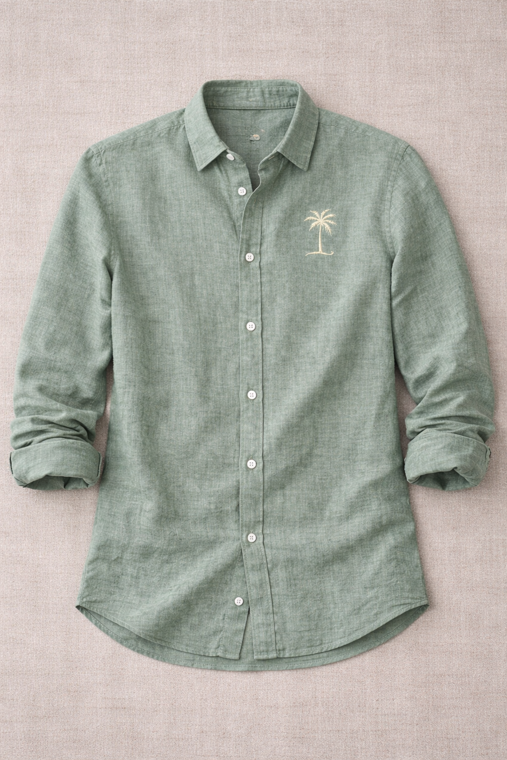AmsterLily Men’s Linen Shirt with Coconut Tree Embroidery – Regular Fit