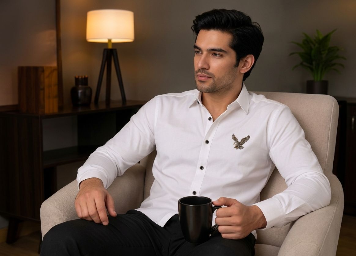 AmsterLily Men’s Linen Shirt with Eagle Embroidery – Regular Fit