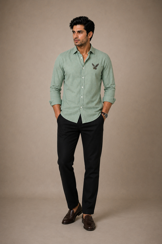 AmsterLily Men’s Linen Shirt with Eagle Embroidery – Regular Fit