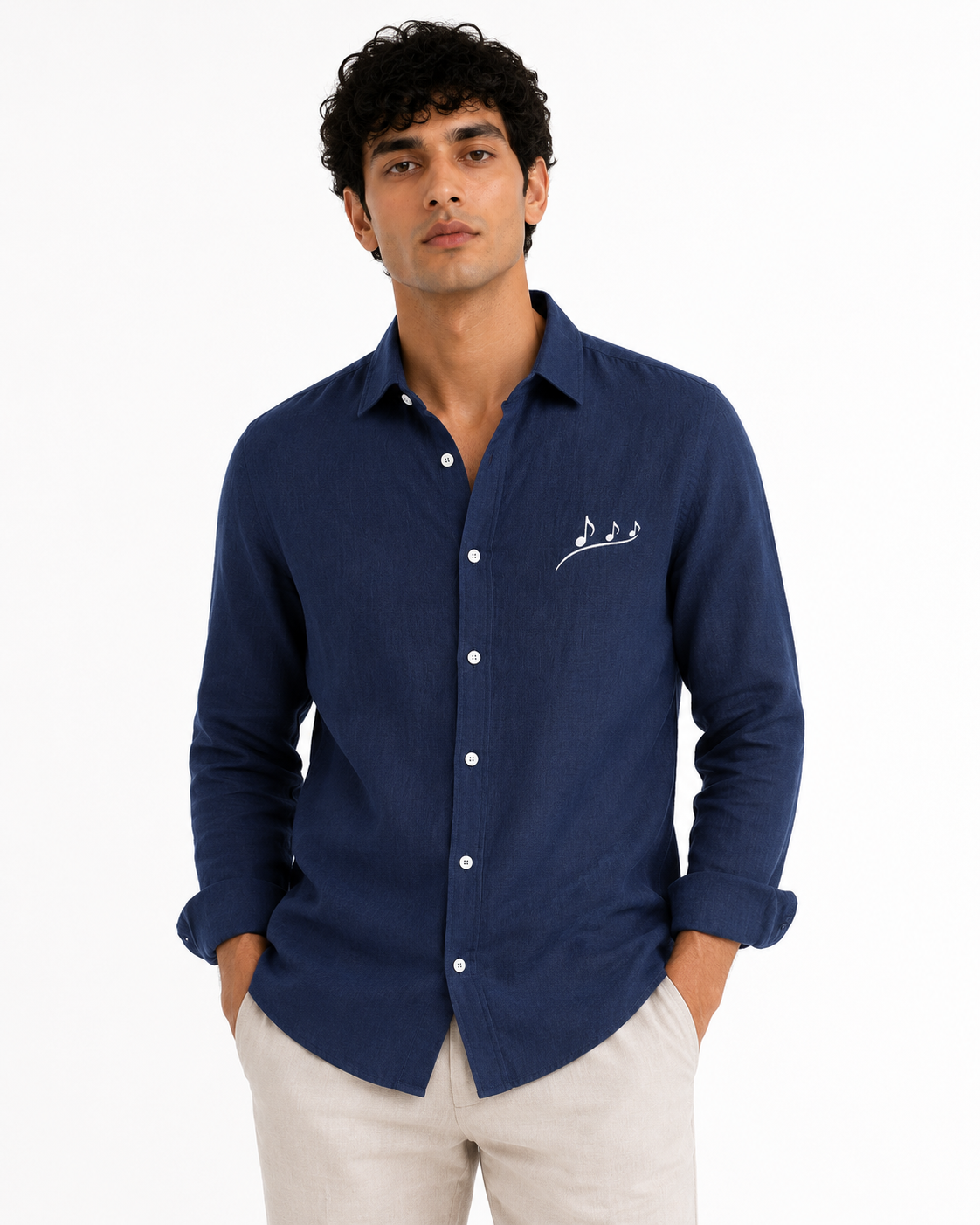 AmsterLily Men’s Midnight Navy Blue Linen Shirt with Musical Notes Embroidery