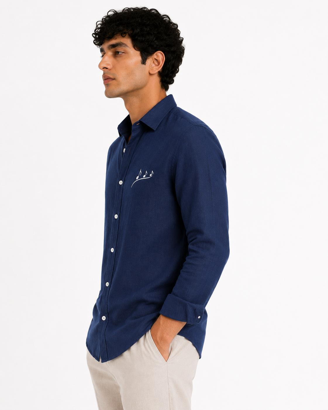 AmsterLily Men’s Midnight Navy Blue Linen Shirt with Musical Notes Embroidery