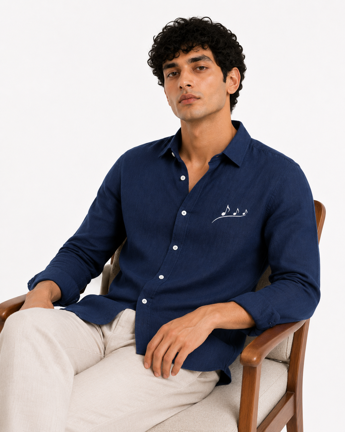 AmsterLily Men’s Midnight Navy Blue Linen Shirt with Musical Notes Embroidery