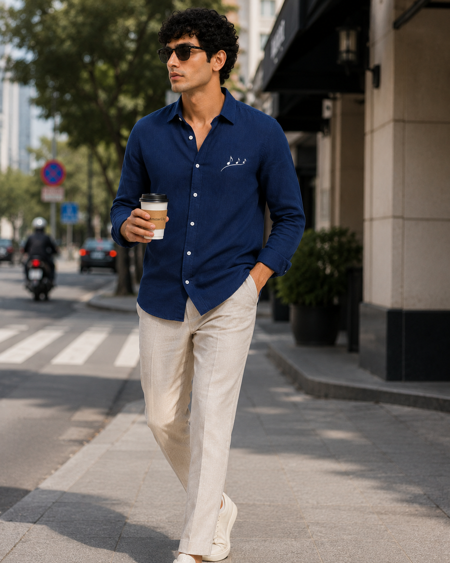 AmsterLily Men’s Midnight Navy Blue Linen Shirt with Musical Notes Embroidery