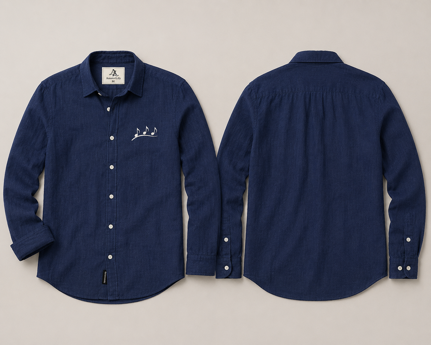 AmsterLily Men’s Midnight Navy Blue Linen Shirt with Musical Notes Embroidery