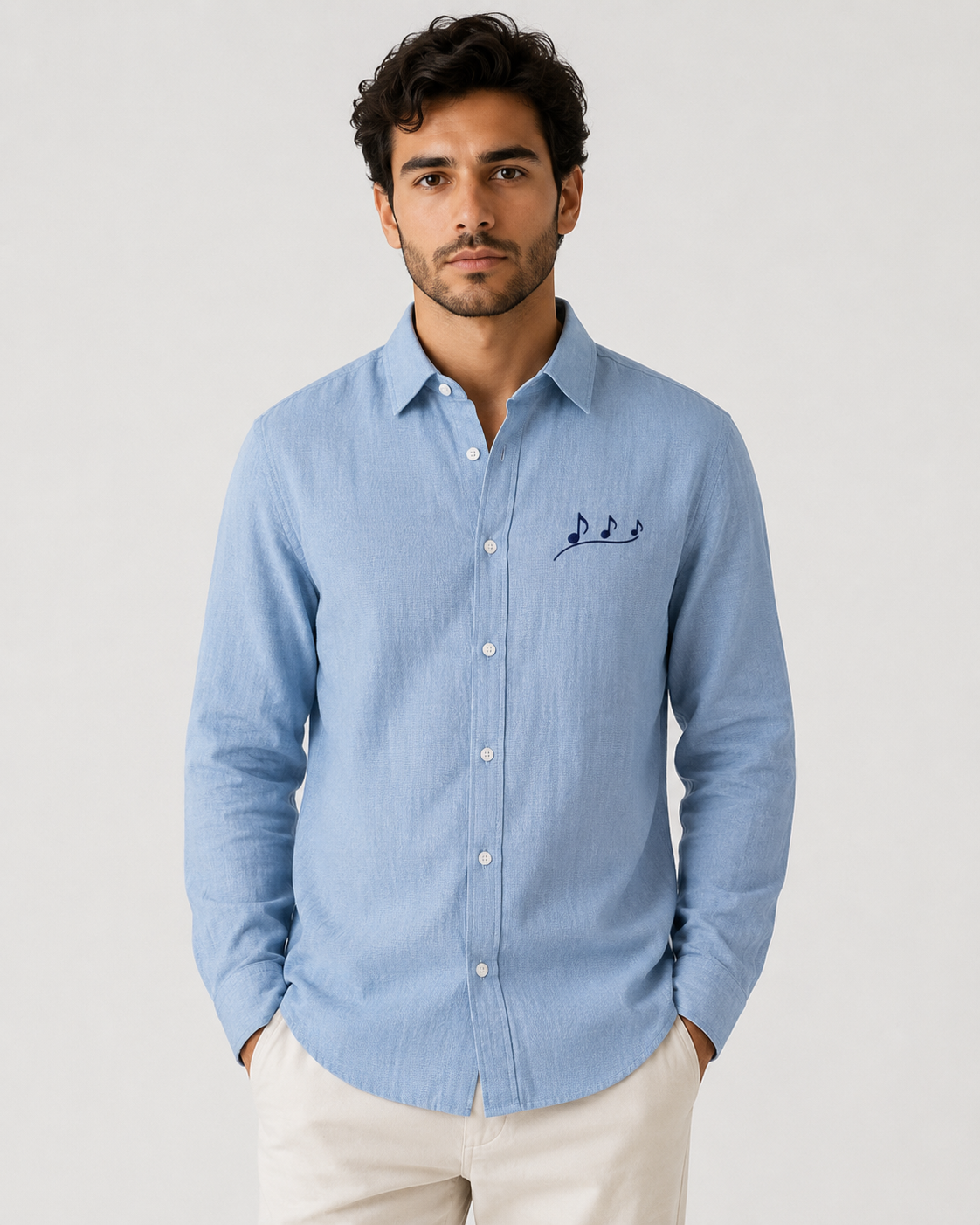 AmsterLily Men’s Linen Shirt with Musical Notes Embroidery