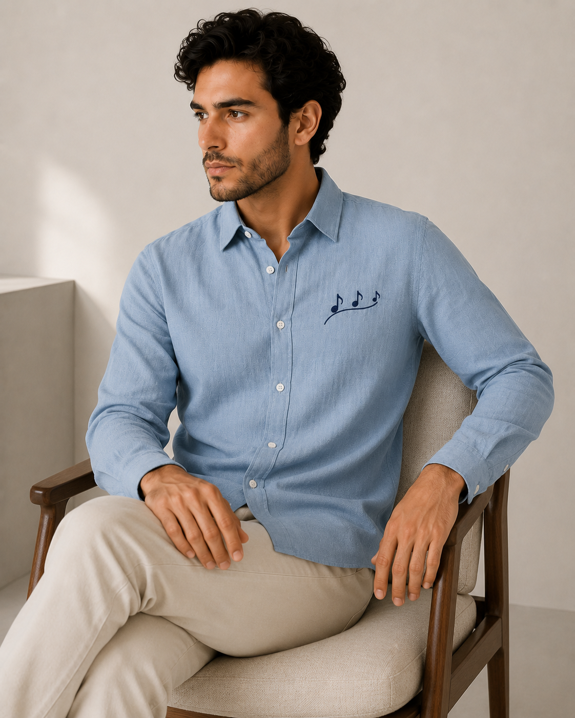 AmsterLily Men’s Linen Shirt with Musical Notes Embroidery