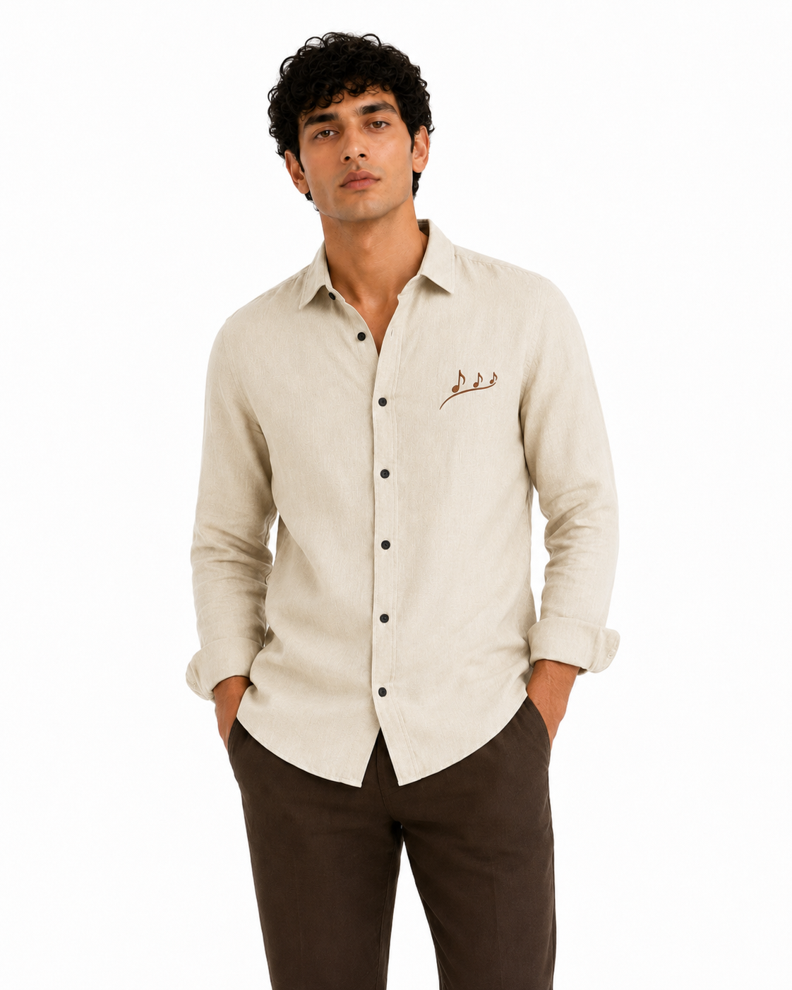 AmsterLily Men’s Linen Shirt with Musical Notes Embroidery