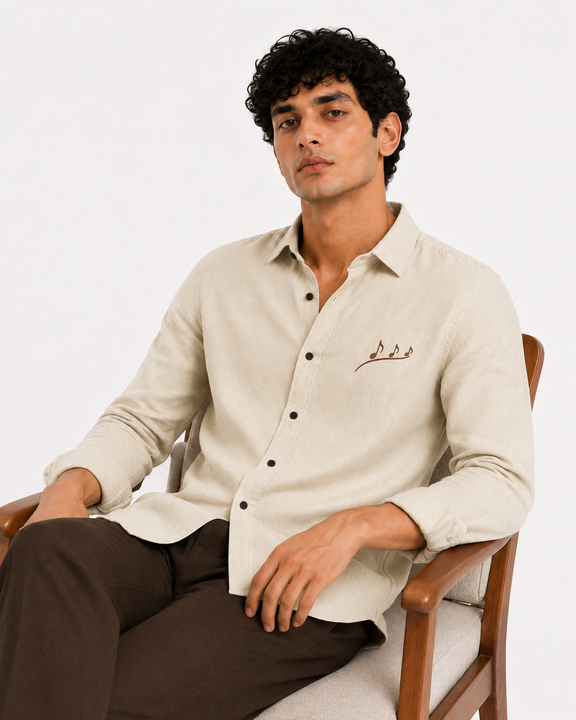 AmsterLily Men’s Linen Shirt with Musical Notes Embroidery