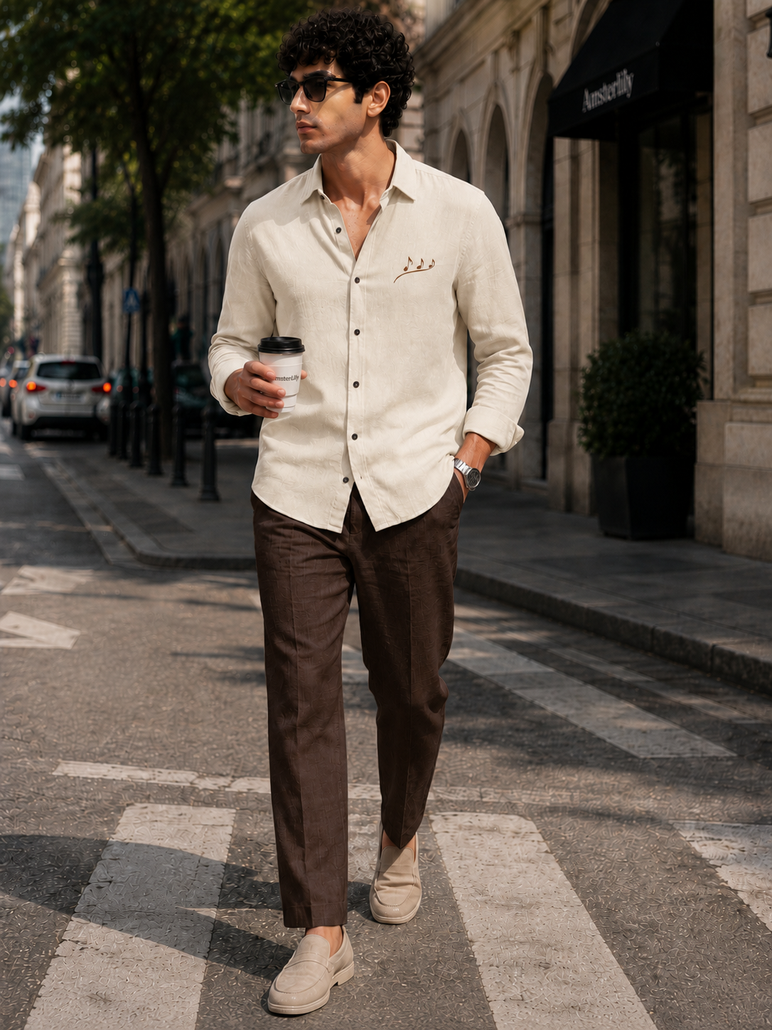AmsterLily Men’s Linen Shirt with Musical Notes Embroidery