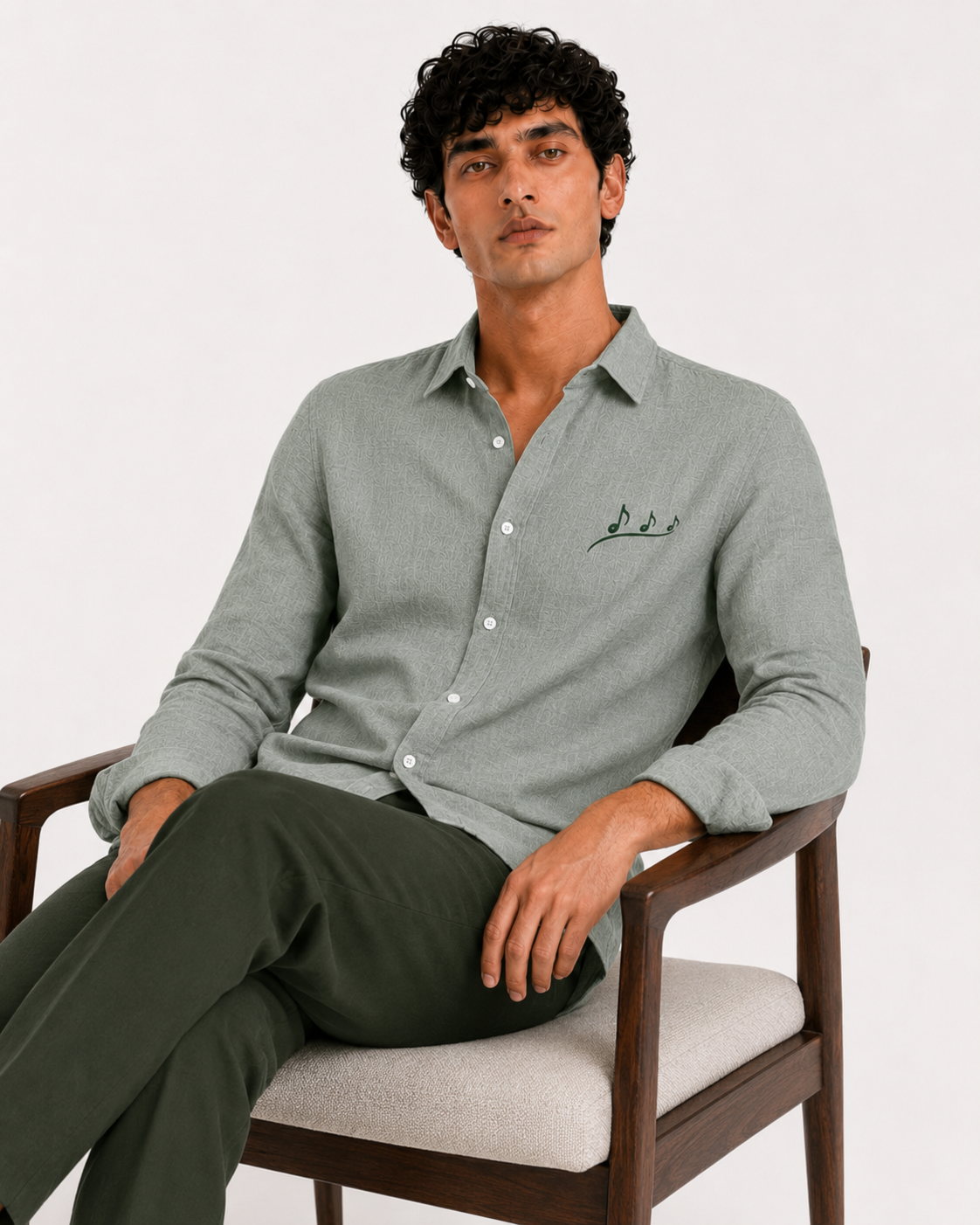 AmsterLily Men’s Linen Shirt with Musical Notes Embroidery