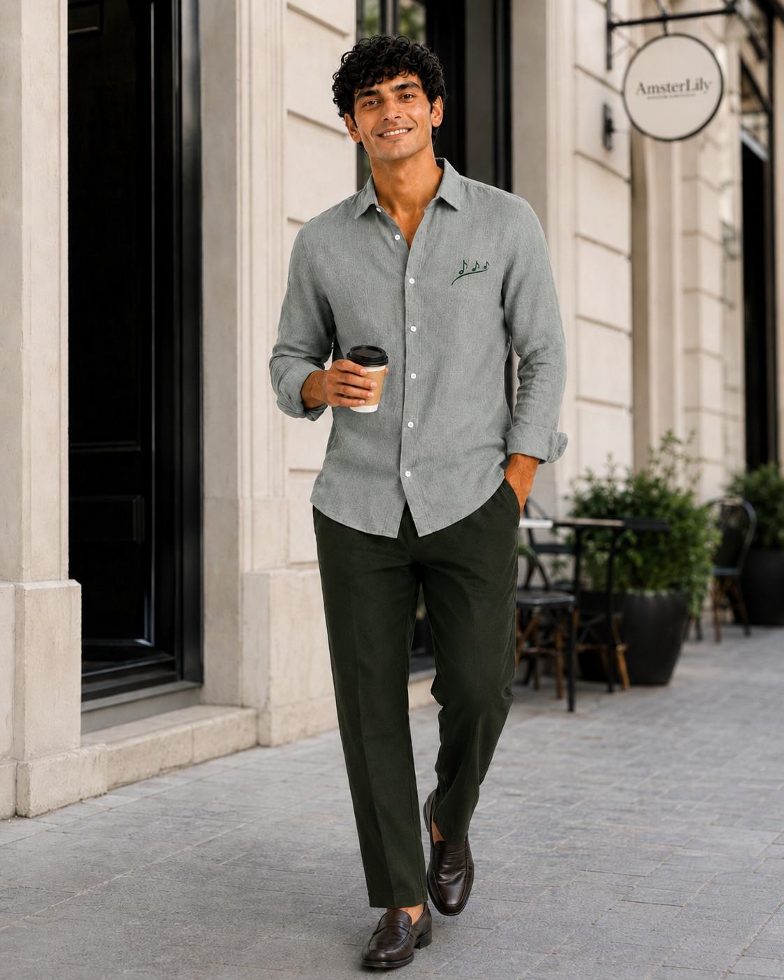 AmsterLily Men’s Linen Shirt with Musical Notes Embroidery