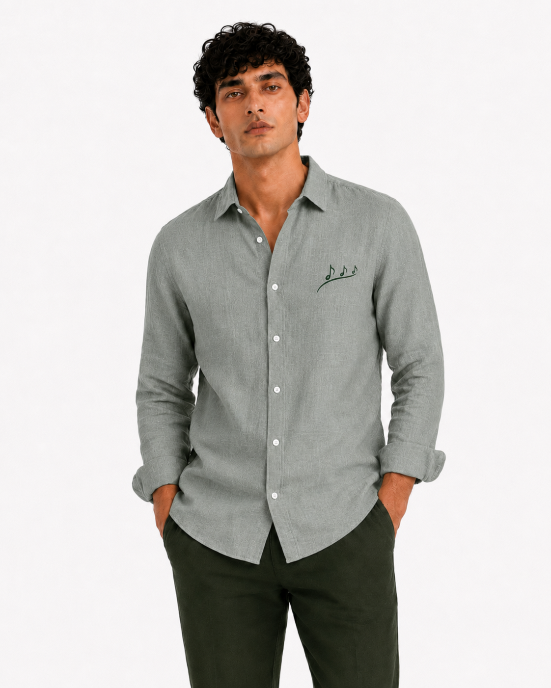 AmsterLily Men’s Linen Shirt with Musical Notes Embroidery