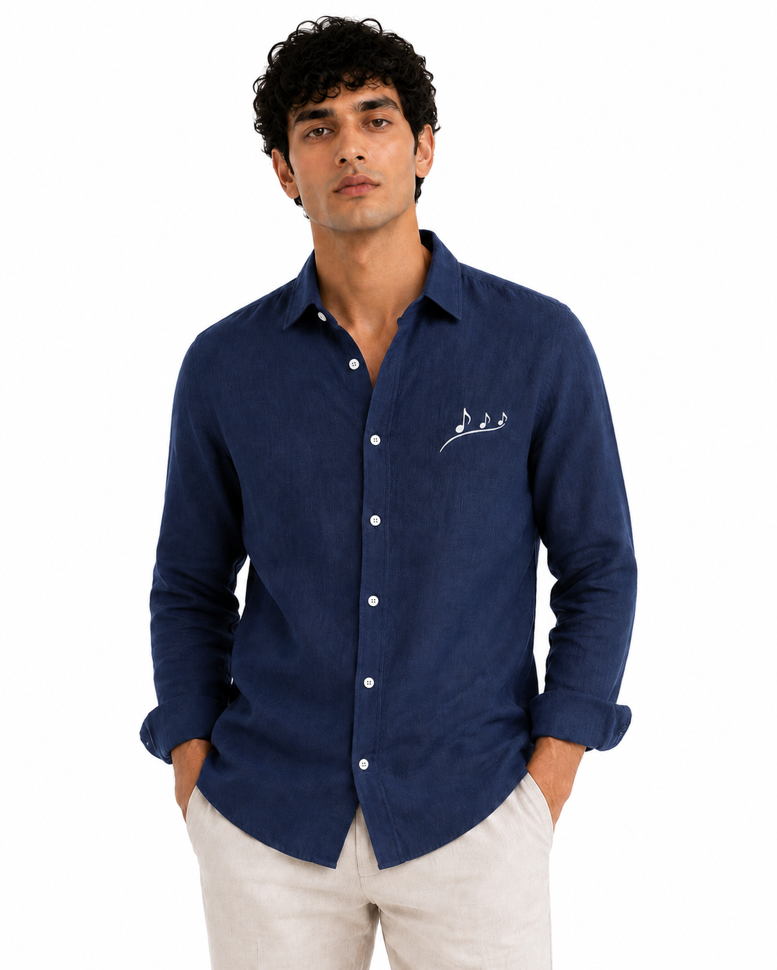AmsterLily Men’s Midnight Navy Blue Linen Shirt with Musical Notes Embroidery