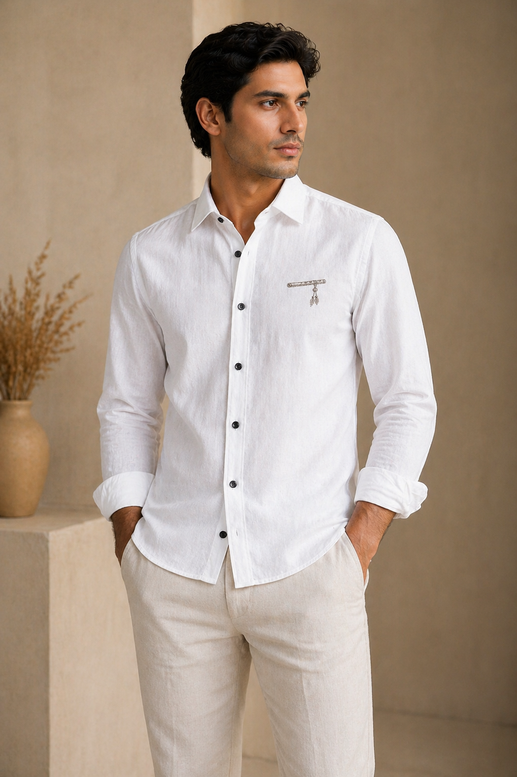 AmsterLily Men’s Linen Shirt with Flute Embroidery – Regular Fit