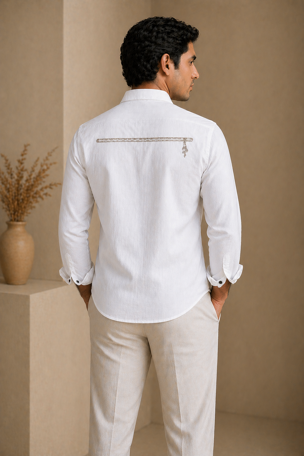 AmsterLily Men’s Linen Shirt with Flute Embroidery – Regular Fit