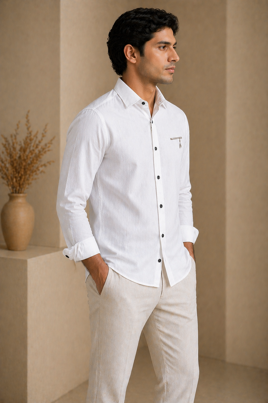 AmsterLily Men’s Linen Shirt with Flute Embroidery – Regular Fit