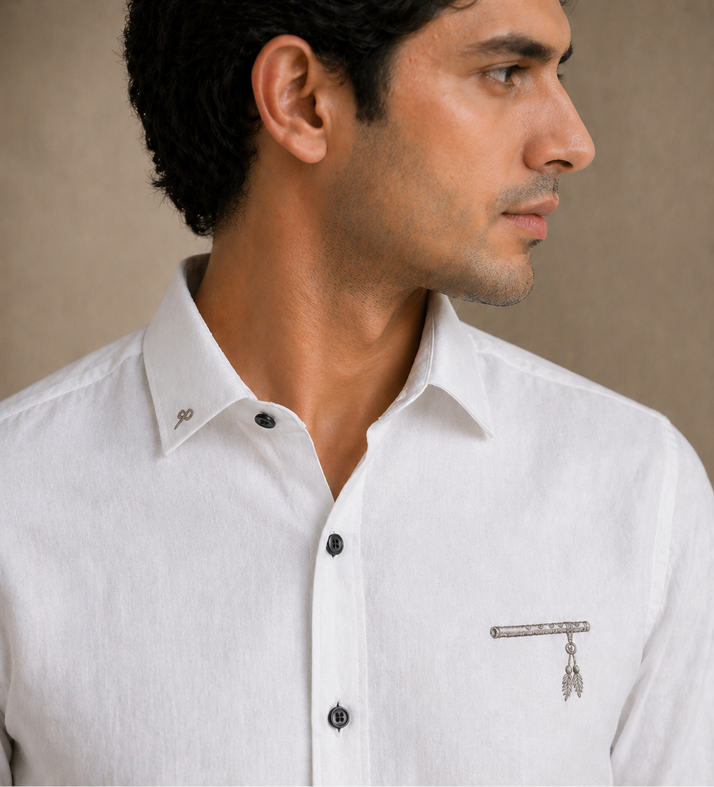 AmsterLily Men’s Linen Shirt with Flute Embroidery – Regular Fit