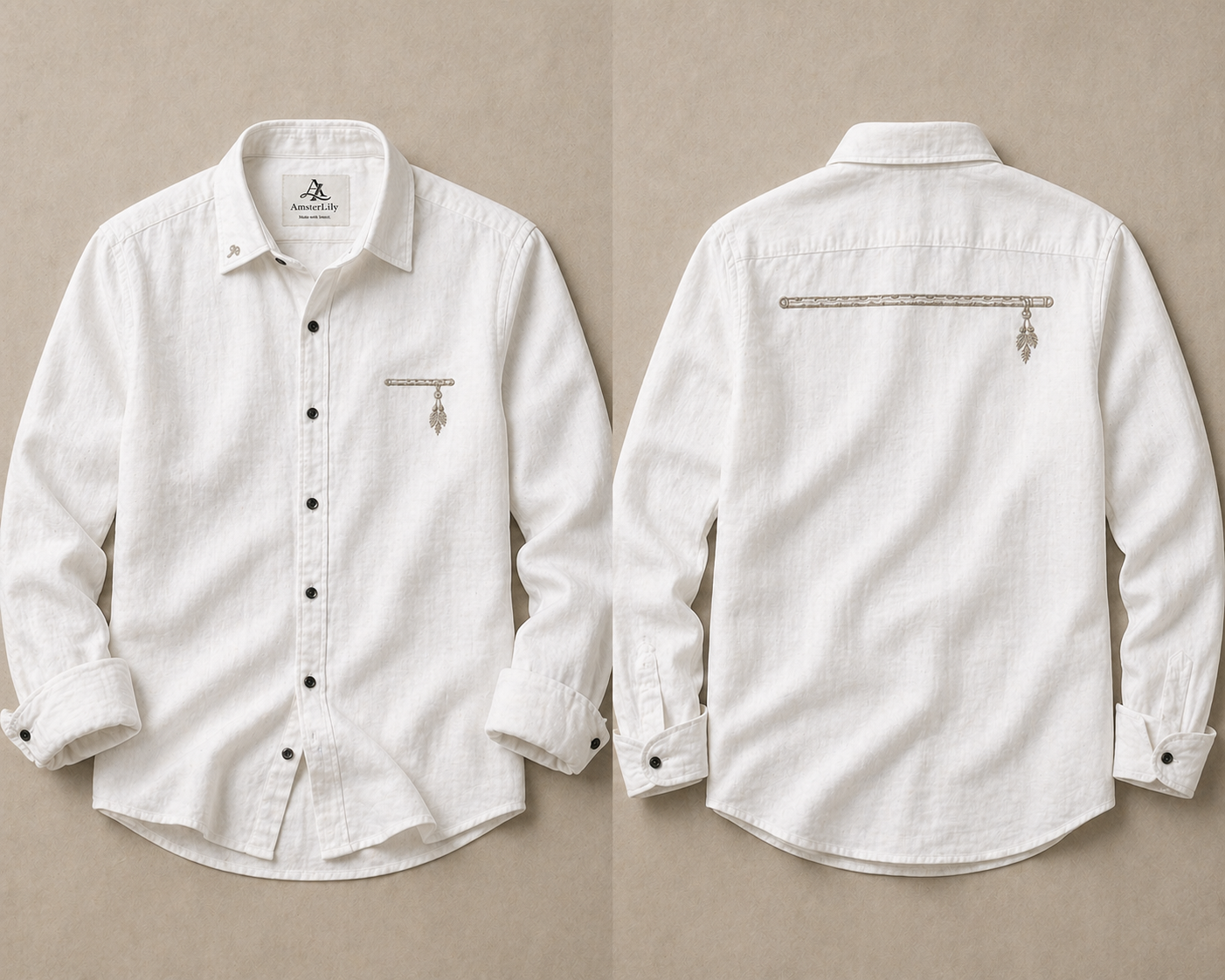 AmsterLily Men’s Linen Shirt with Flute Embroidery – Regular Fit