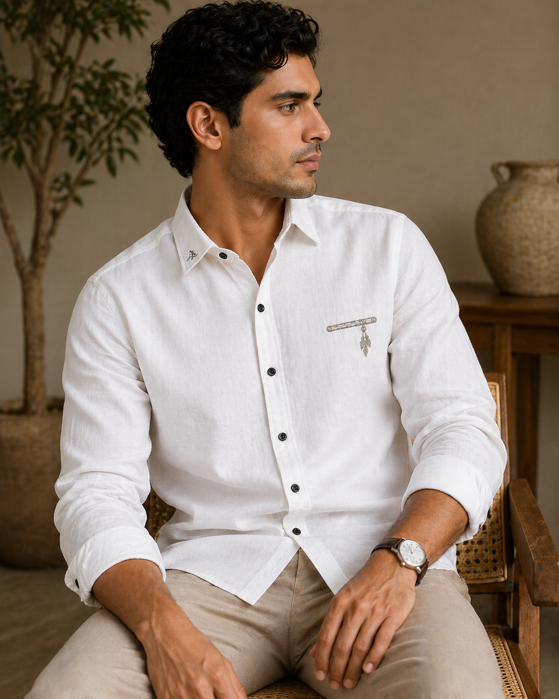 AmsterLily Men’s Linen Shirt with Flute Embroidery – Regular Fit