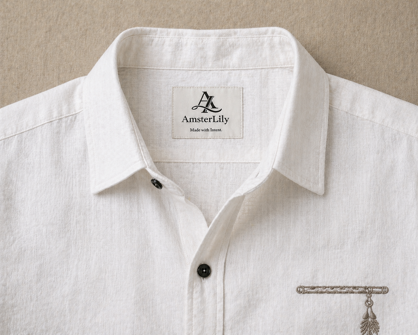 AmsterLily Men’s Linen Shirt with Flute Embroidery – Regular Fit