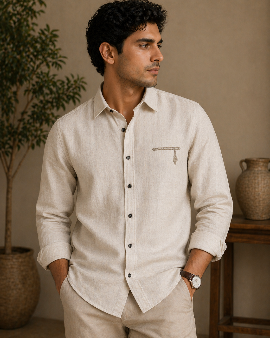 AmsterLily Men’s Linen Shirt with Flute Embroidery – Regular Fit