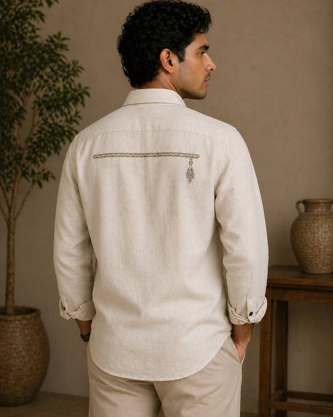 AmsterLily Men’s Linen Shirt with Flute Embroidery – Regular Fit