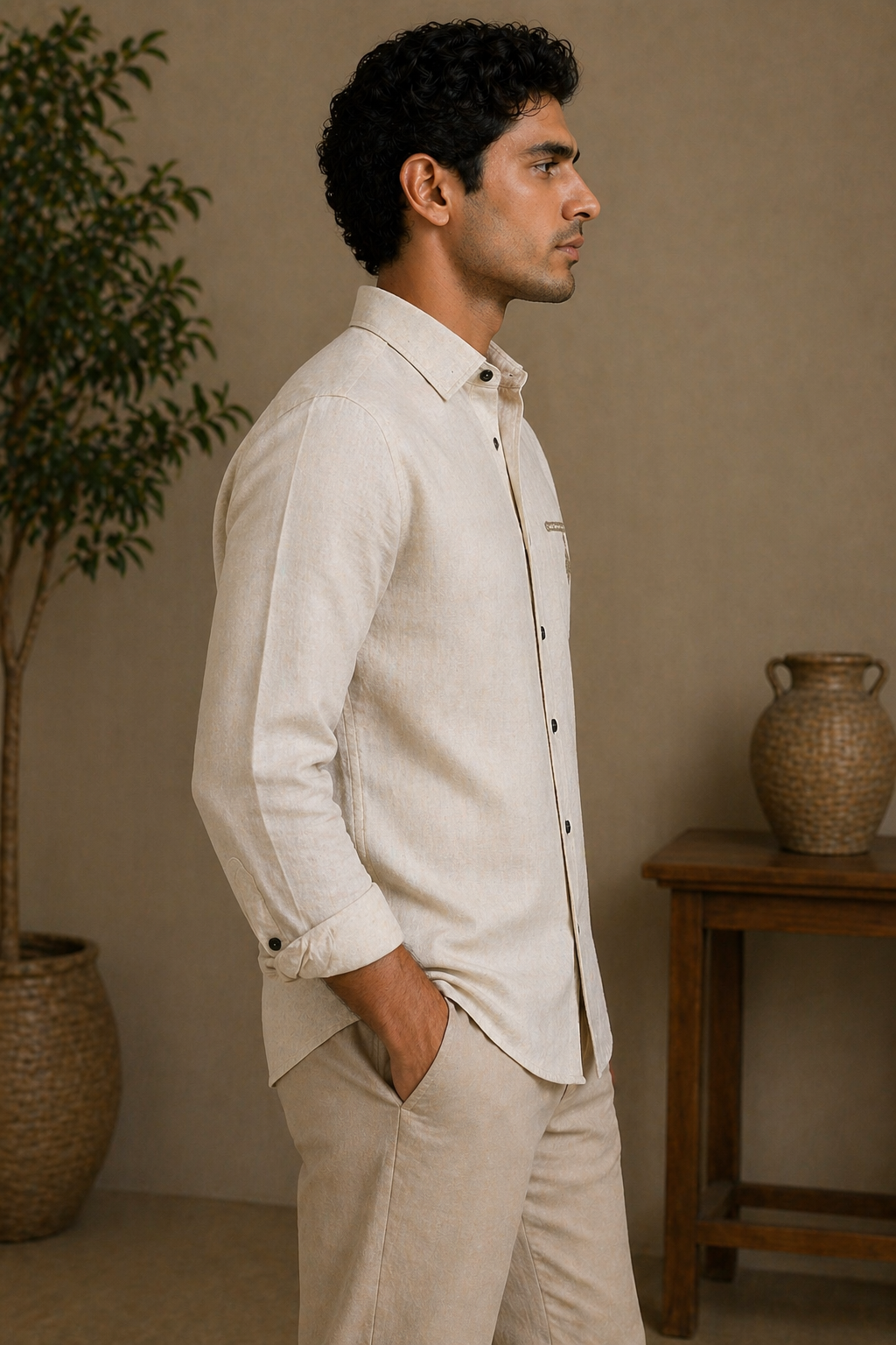 AmsterLily Men’s Linen Shirt with Flute Embroidery – Regular Fit