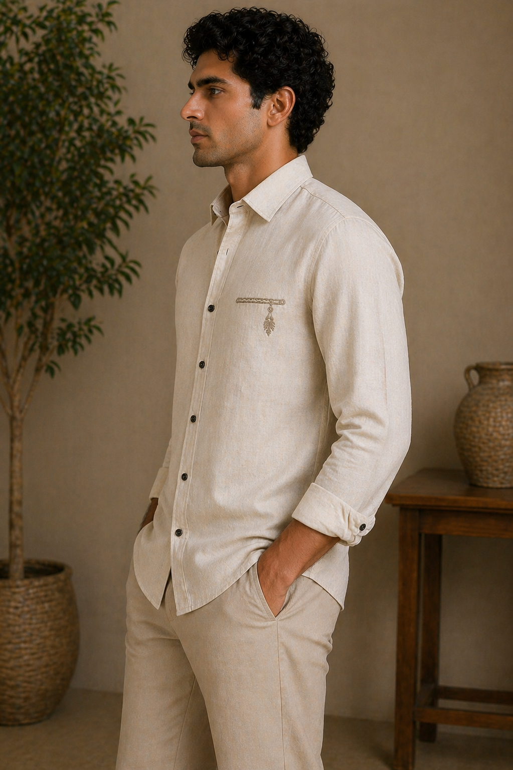 AmsterLily Men’s Linen Shirt with Flute Embroidery – Regular Fit