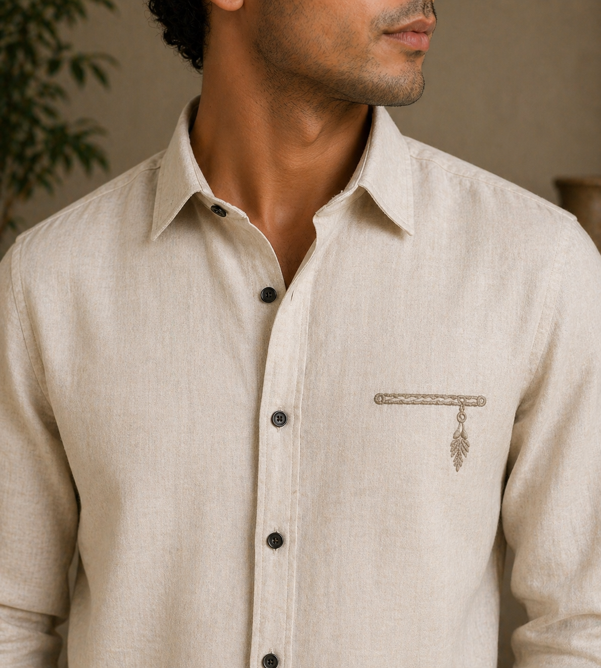 AmsterLily Men’s Linen Shirt with Flute Embroidery – Regular Fit