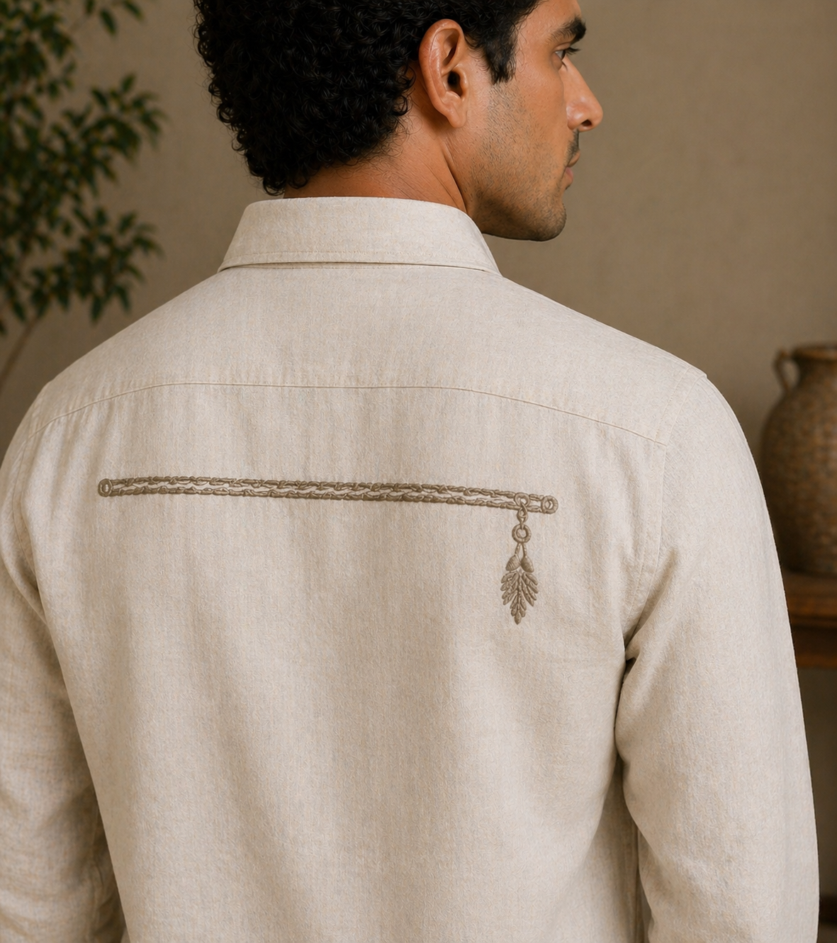 AmsterLily Men’s Linen Shirt with Flute Embroidery – Regular Fit