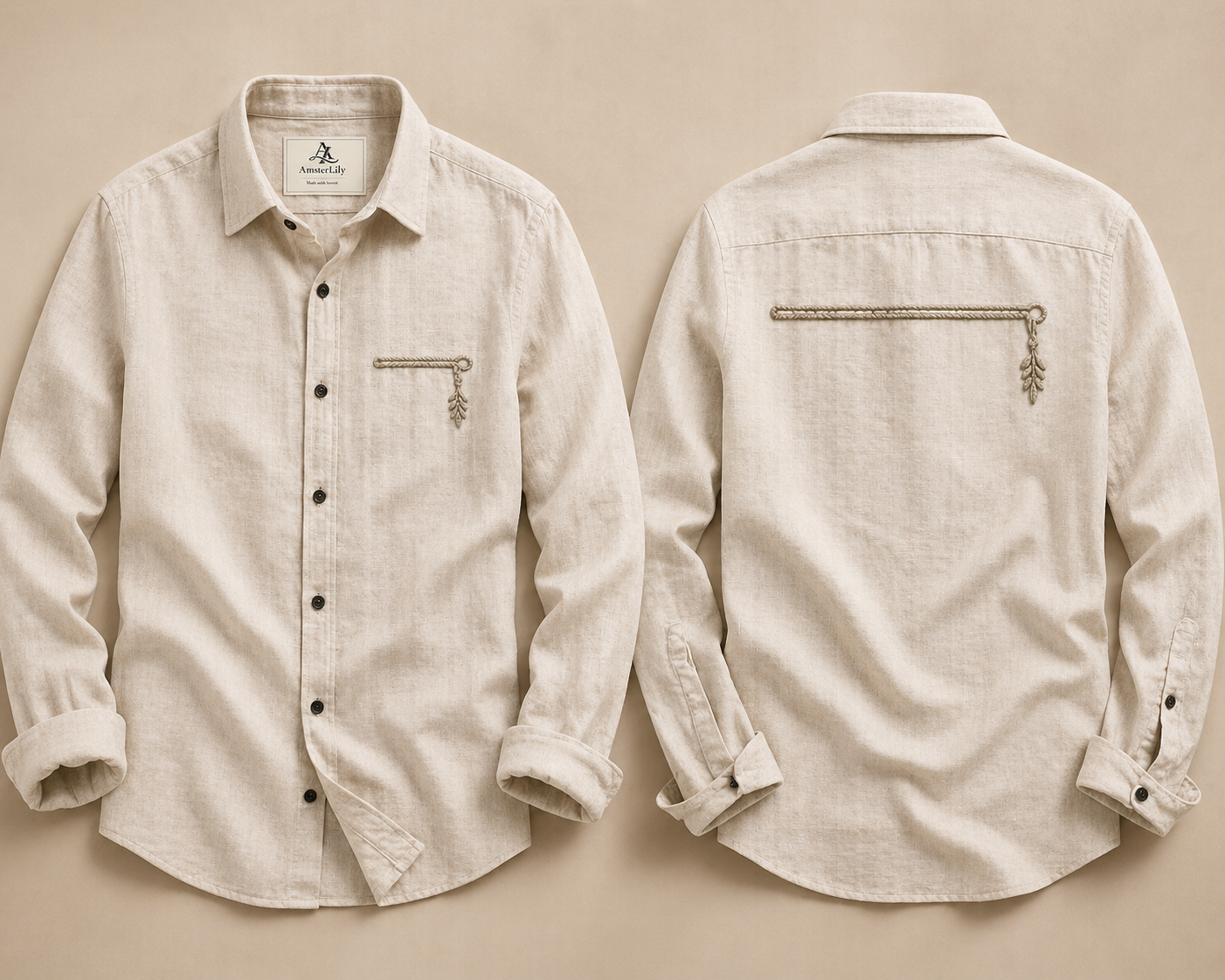 AmsterLily Men’s Linen Shirt with Flute Embroidery – Regular Fit