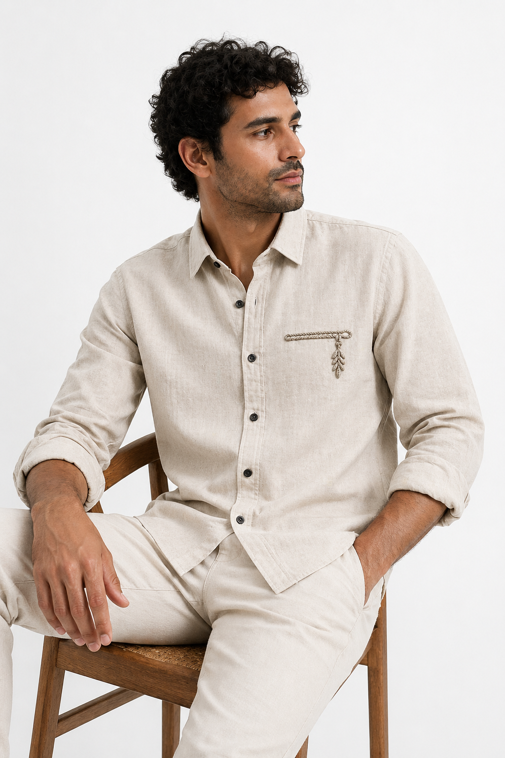 AmsterLily Men’s Linen Shirt with Flute Embroidery – Regular Fit