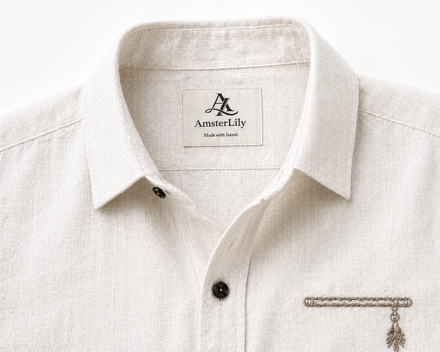 AmsterLily Men’s Linen Shirt with Flute Embroidery – Regular Fit