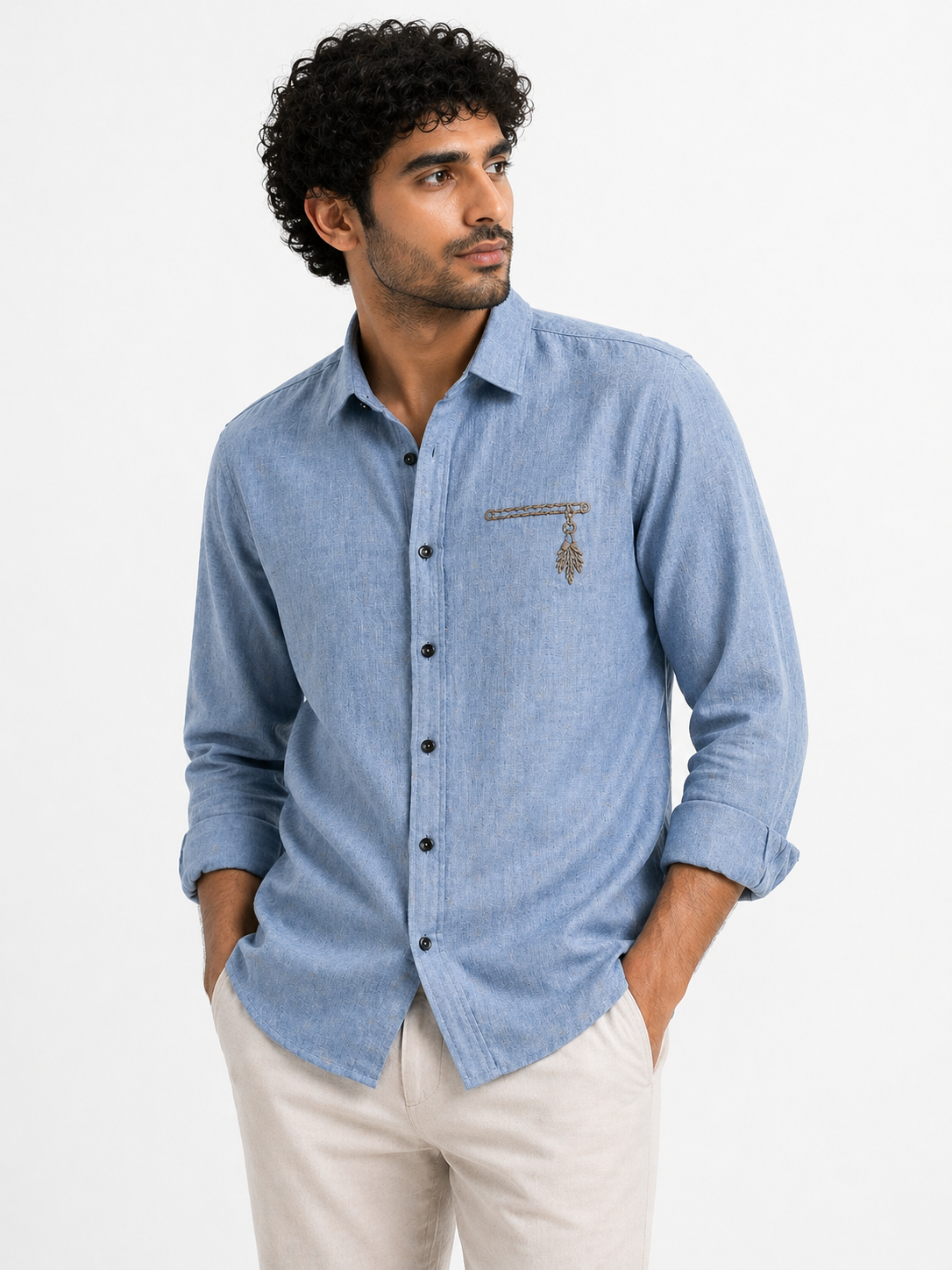 AmsterLily Men’s Linen Shirt with Flute Embroidery – Regular Fit