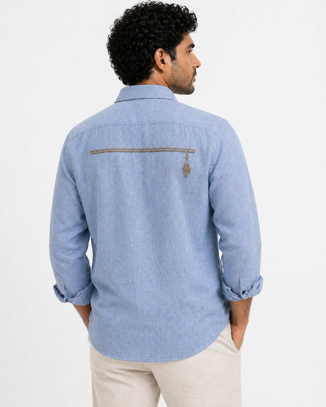 AmsterLily Men’s Linen Shirt with Flute Embroidery – Regular Fit