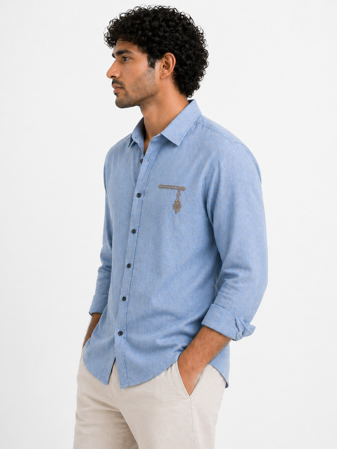AmsterLily Men’s Linen Shirt with Flute Embroidery – Regular Fit