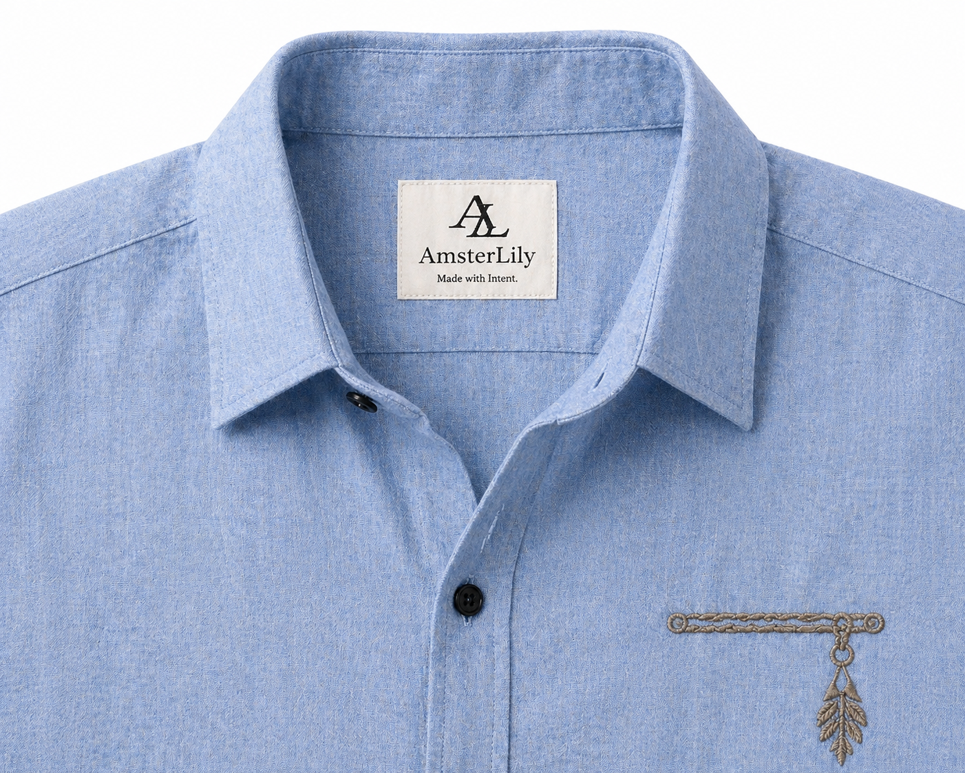 AmsterLily Men’s Linen Shirt with Flute Embroidery – Regular Fit