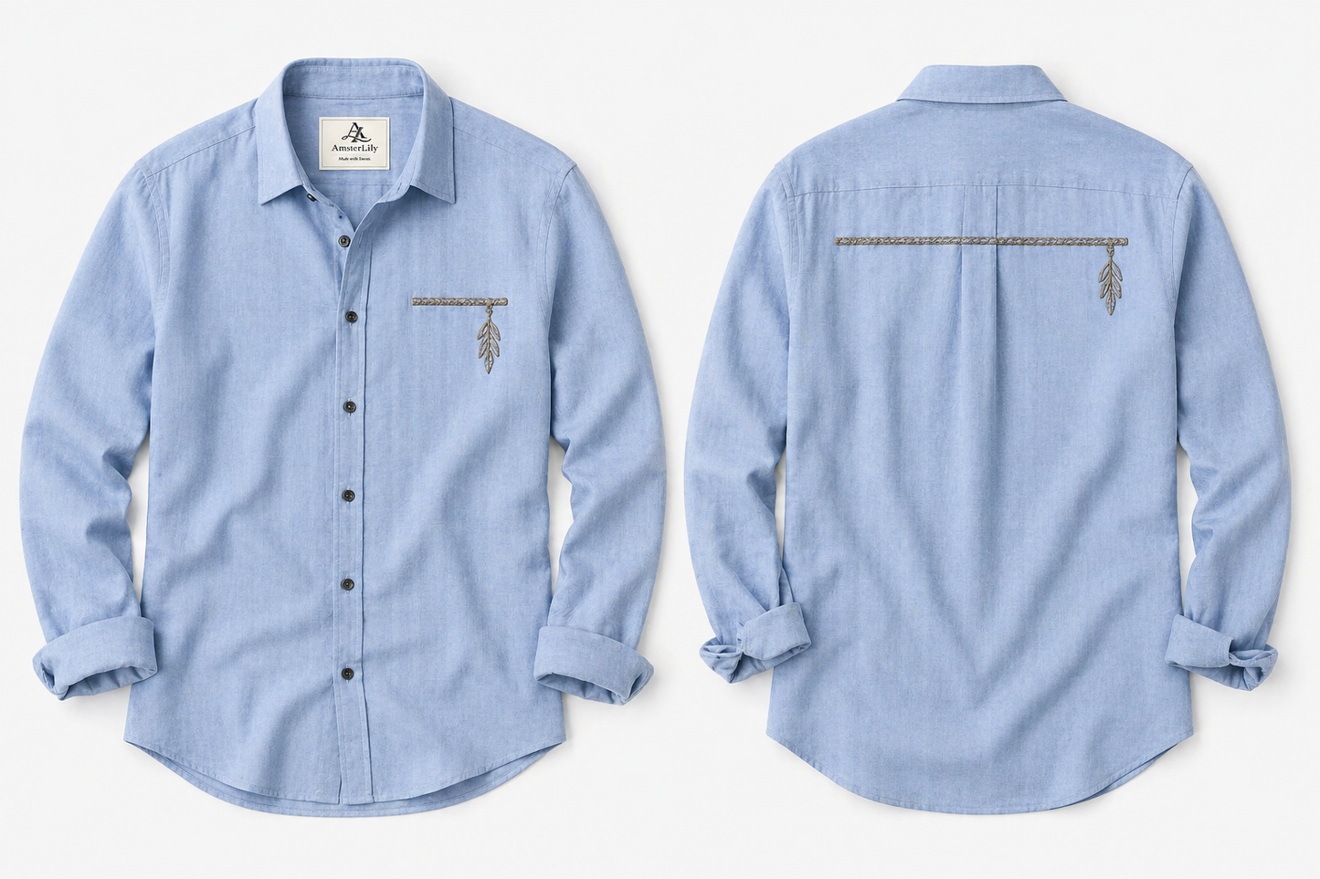 AmsterLily Men’s Linen Shirt with Flute Embroidery – Regular Fit