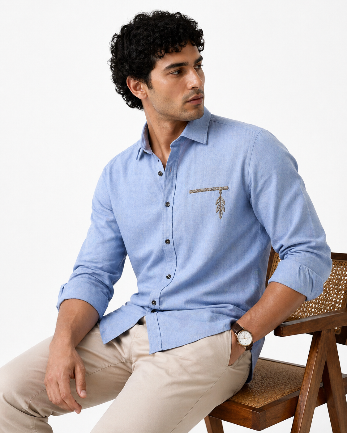 AmsterLily Men’s Linen Shirt with Flute Embroidery – Regular Fit