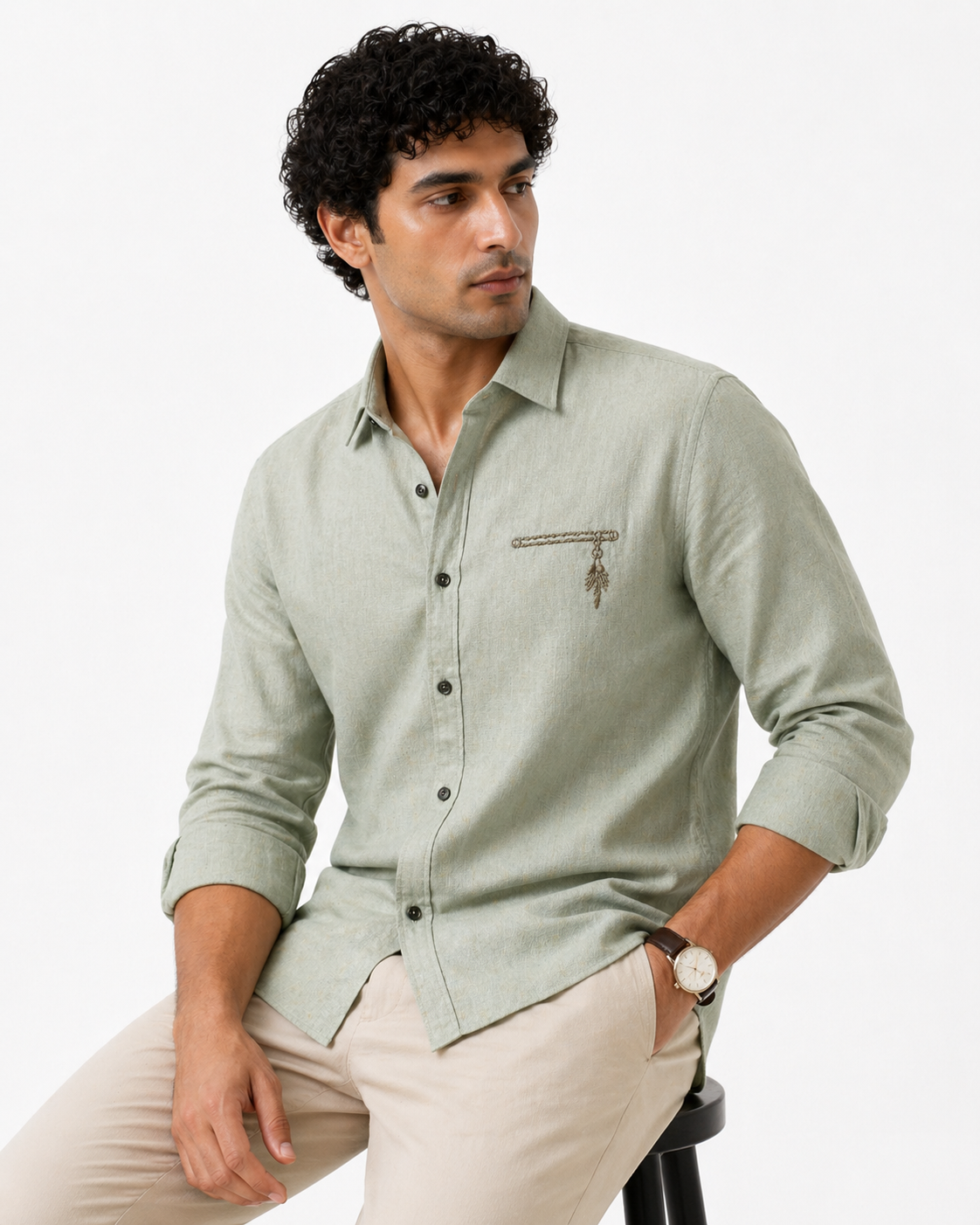 AmsterLily Men’s Linen Shirt with Flute Embroidery – Regular Fit
