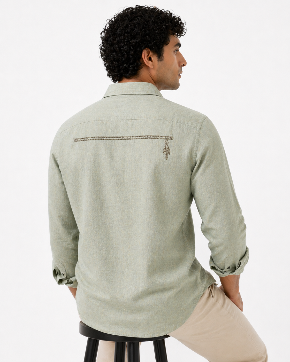 AmsterLily Men’s Linen Shirt with Flute Embroidery – Regular Fit