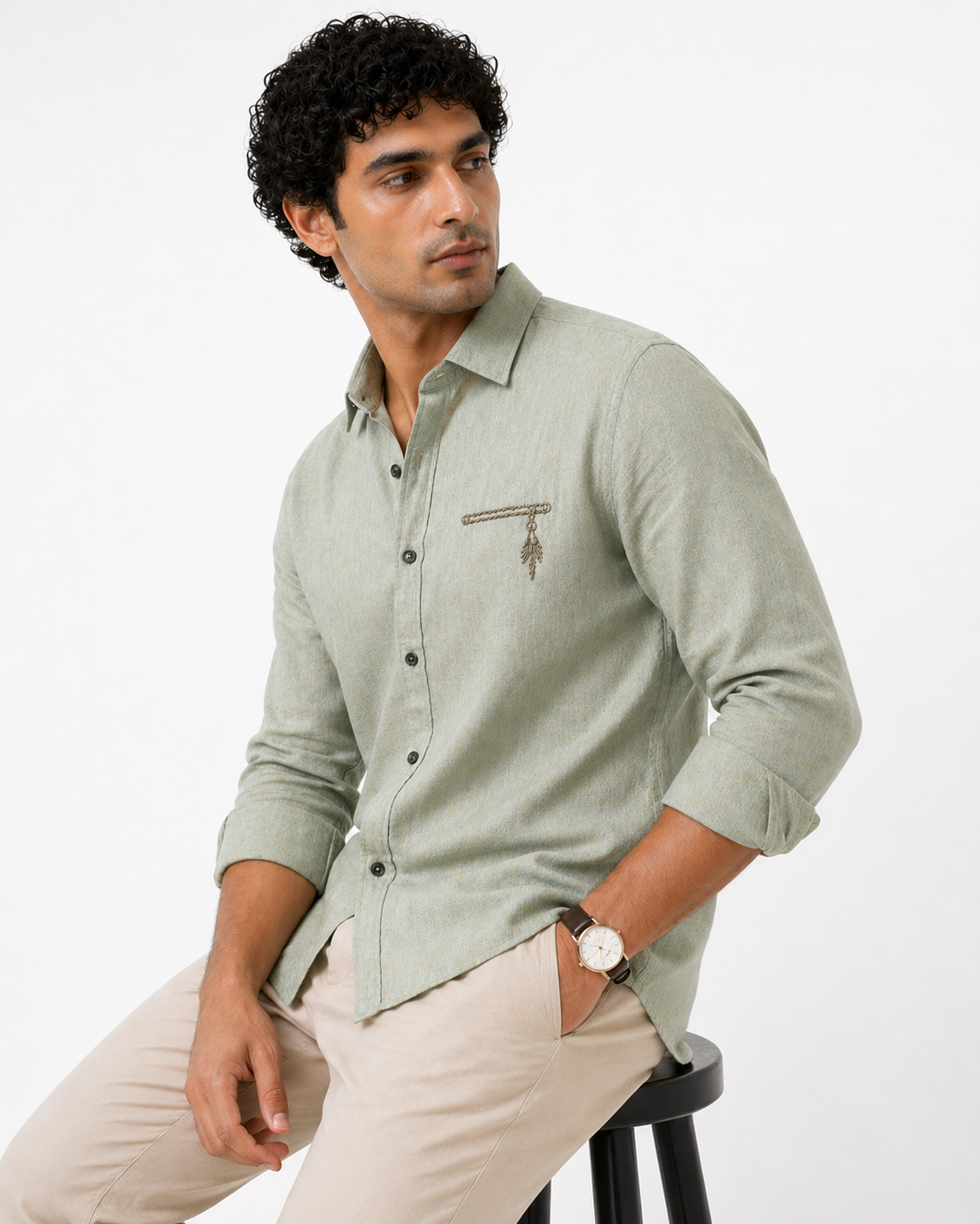 AmsterLily Men’s Linen Shirt with Flute Embroidery – Regular Fit
