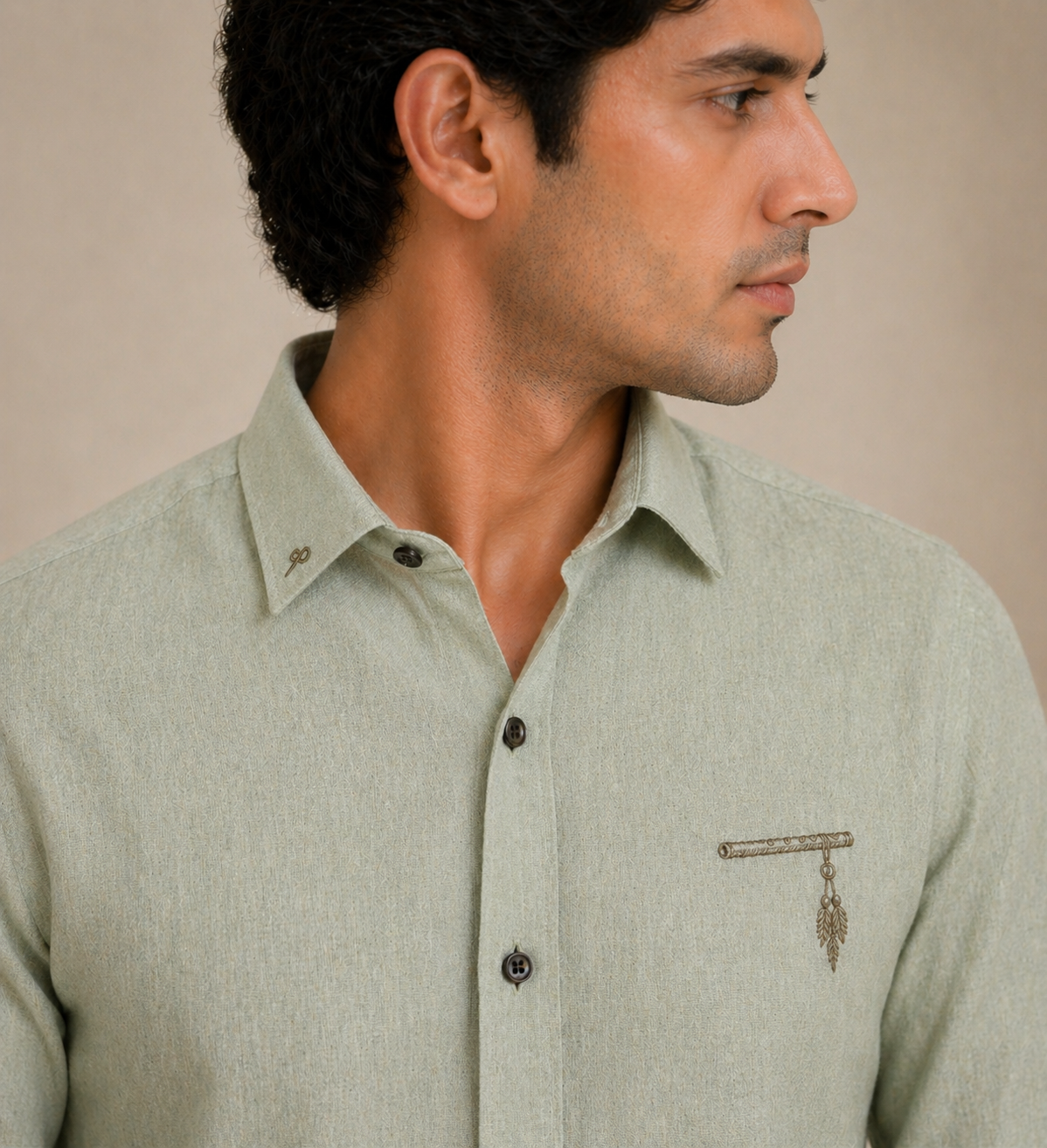 AmsterLily Men’s Linen Shirt with Flute Embroidery – Regular Fit
