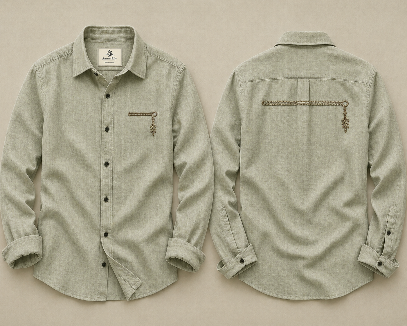 AmsterLily Men’s Linen Shirt with Flute Embroidery – Regular Fit
