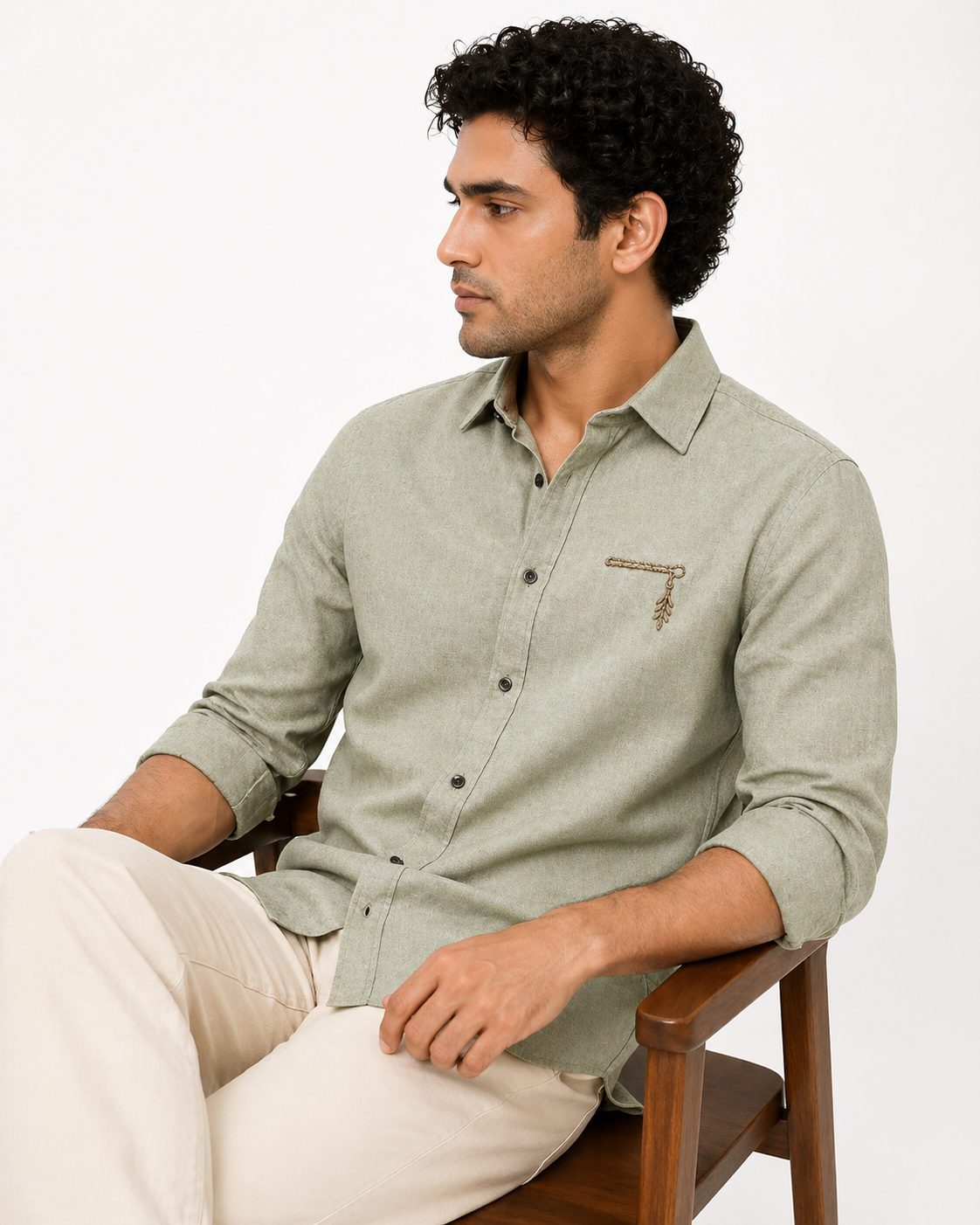 AmsterLily Men’s Linen Shirt with Flute Embroidery – Regular Fit