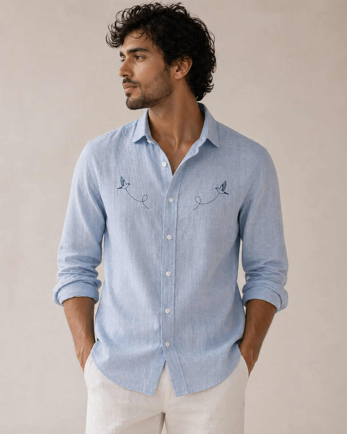 AmsterLily Men’s Linen Shirt with Black Sparrow Embroidery | Regular Fit