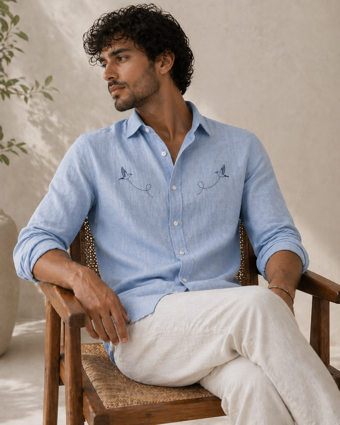 AmsterLily Men’s Linen Shirt with Black Sparrow Embroidery | Regular Fit