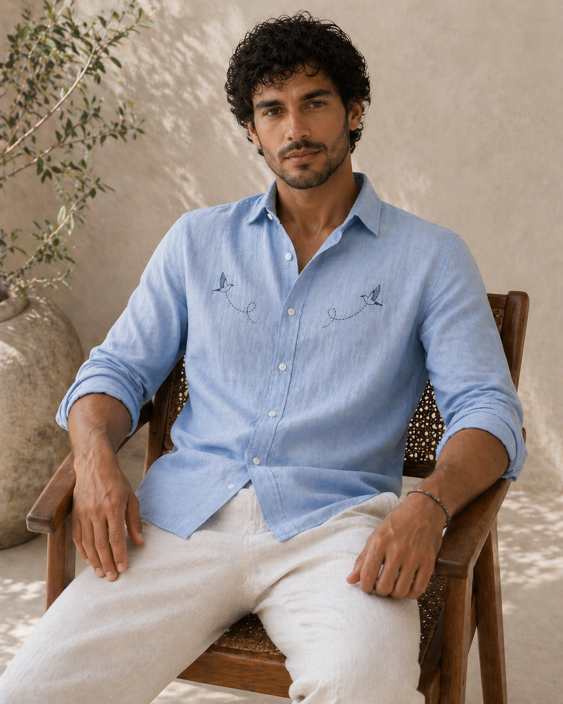AmsterLily Men’s Linen Shirt with Black Sparrow Embroidery | Regular Fit